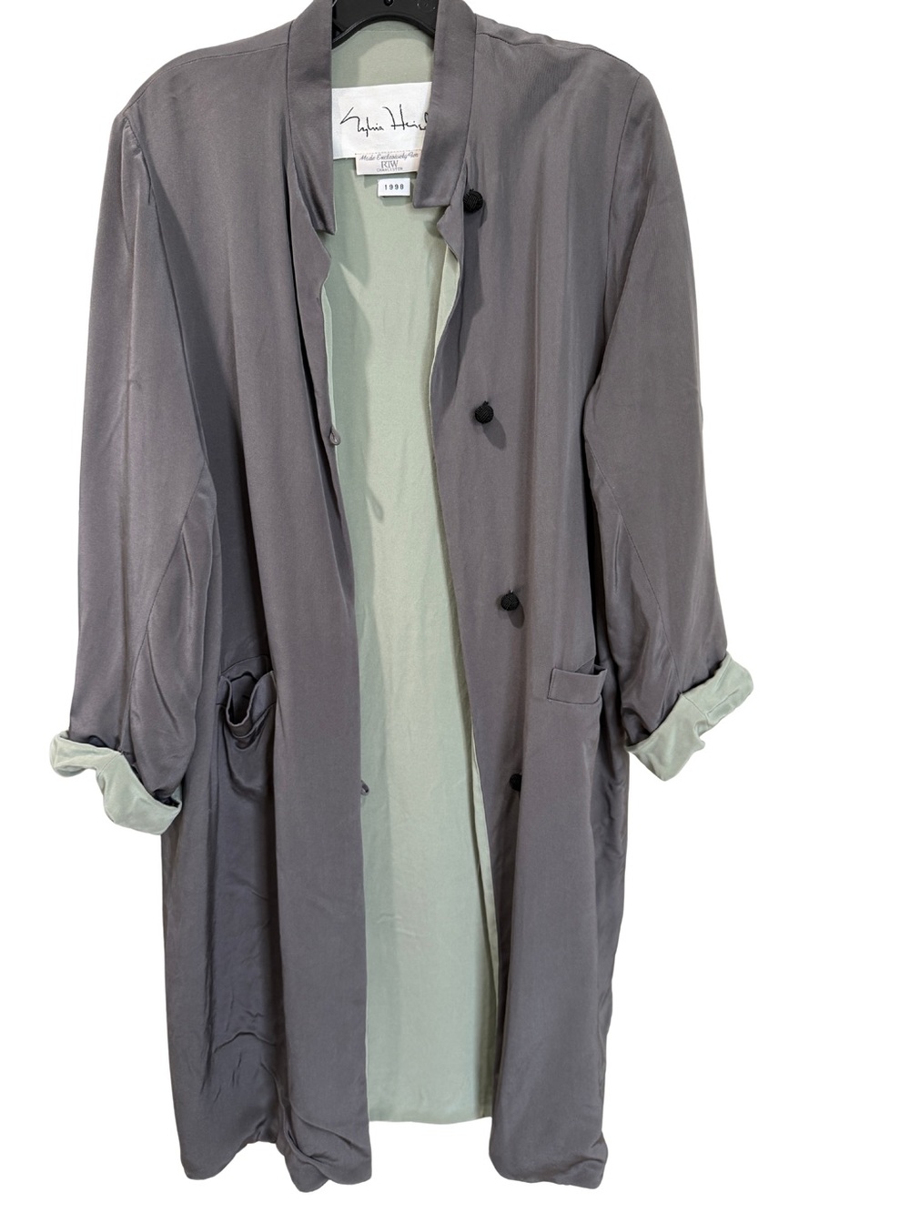 Sylvia Heisel Gray Trench Coat with Mint Lining and Dress. Set